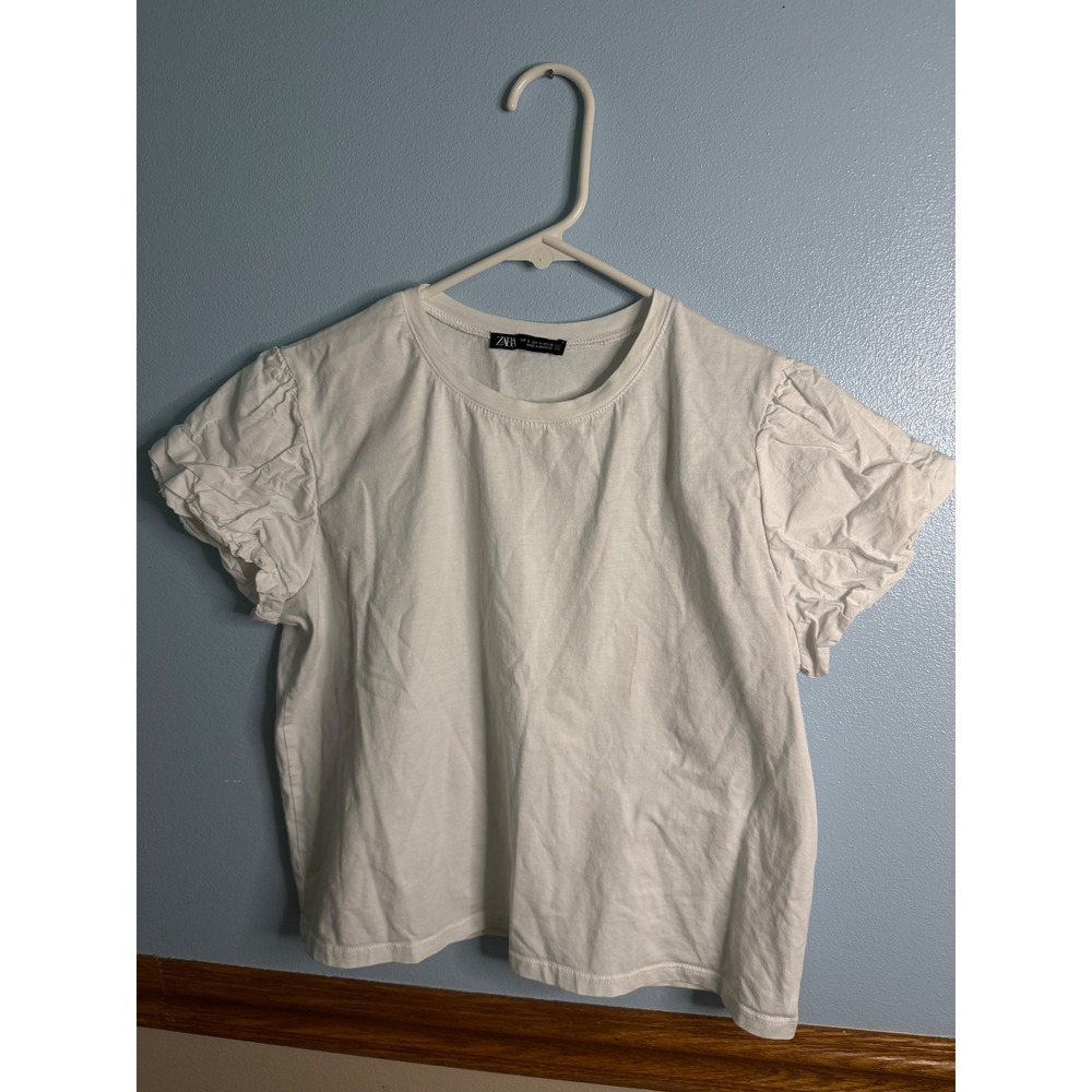 Zara White Puff Sleeve Crew Neck T-Shirt Short Sleeve Cotton Top Small